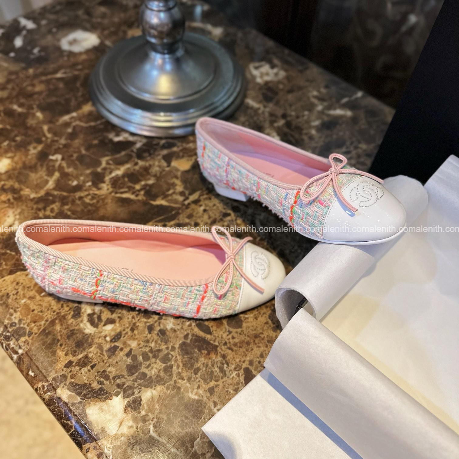 Chanel 24C Wool Tweed Pink Fabric Ballet Flats